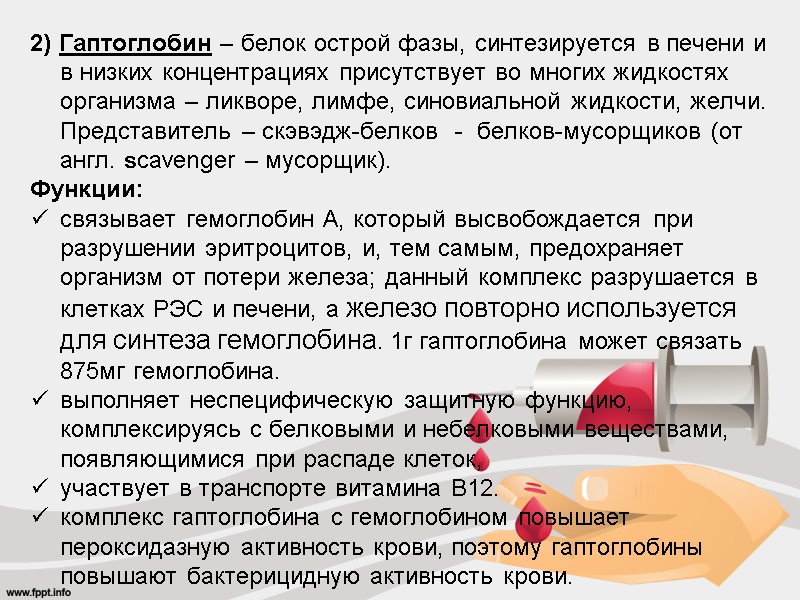 2) Гаптоглобин – белок острой фазы, синтезируется в печени и в низких концентрациях присутствует